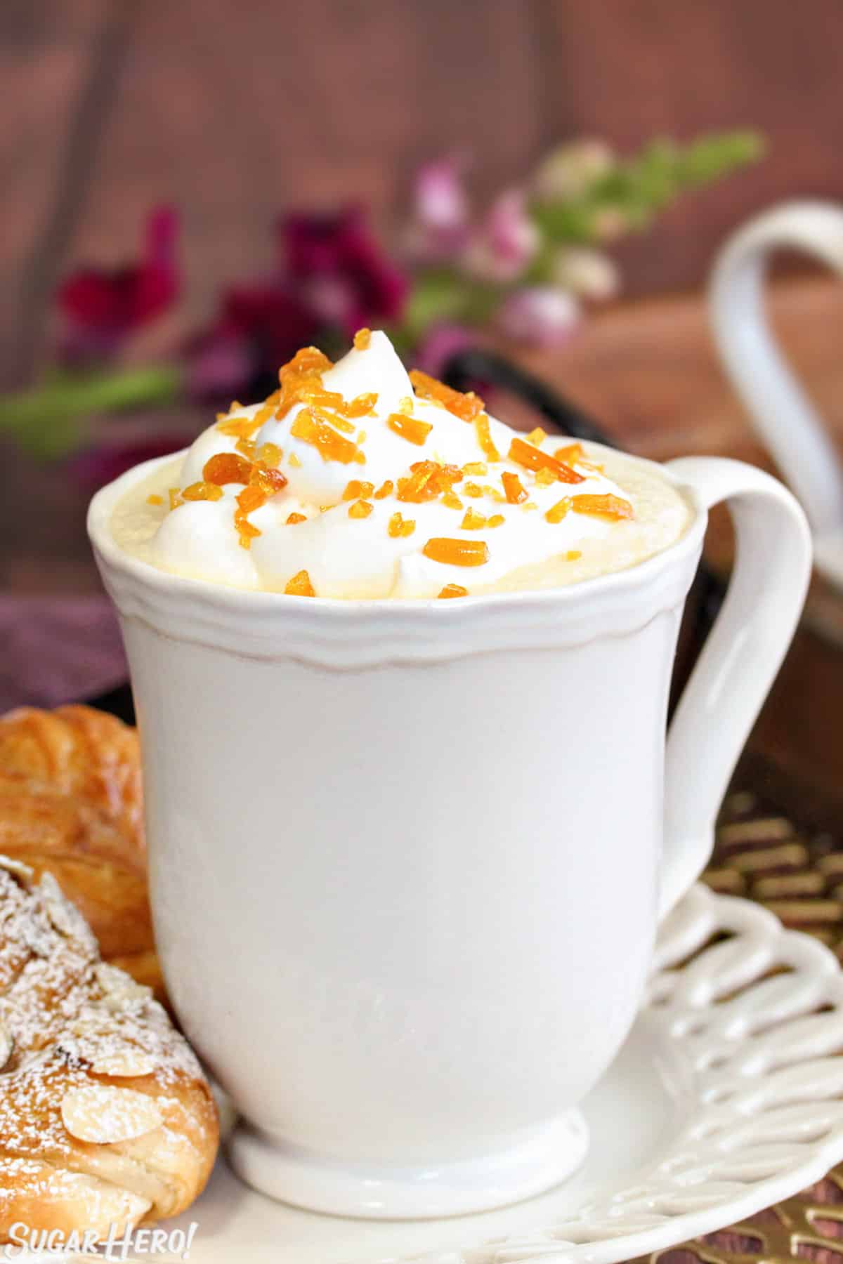 Close up of a mug of Cr&egrave;me Brulee White Hot Chocolate.