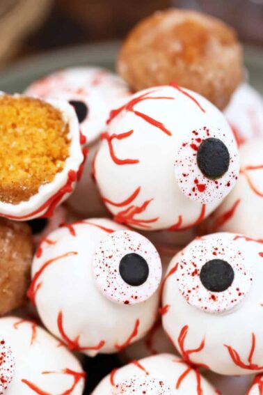 Close-up of stacked Donut Hole Eyeballs.