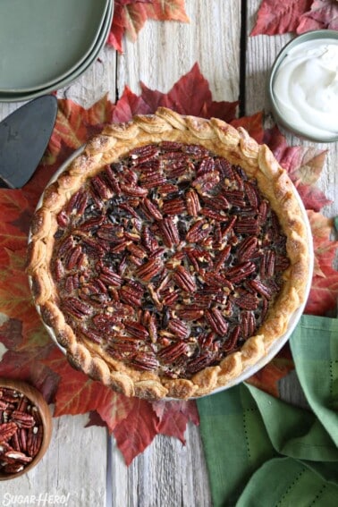 Top view of a Deep Dish Pecan Pie.
