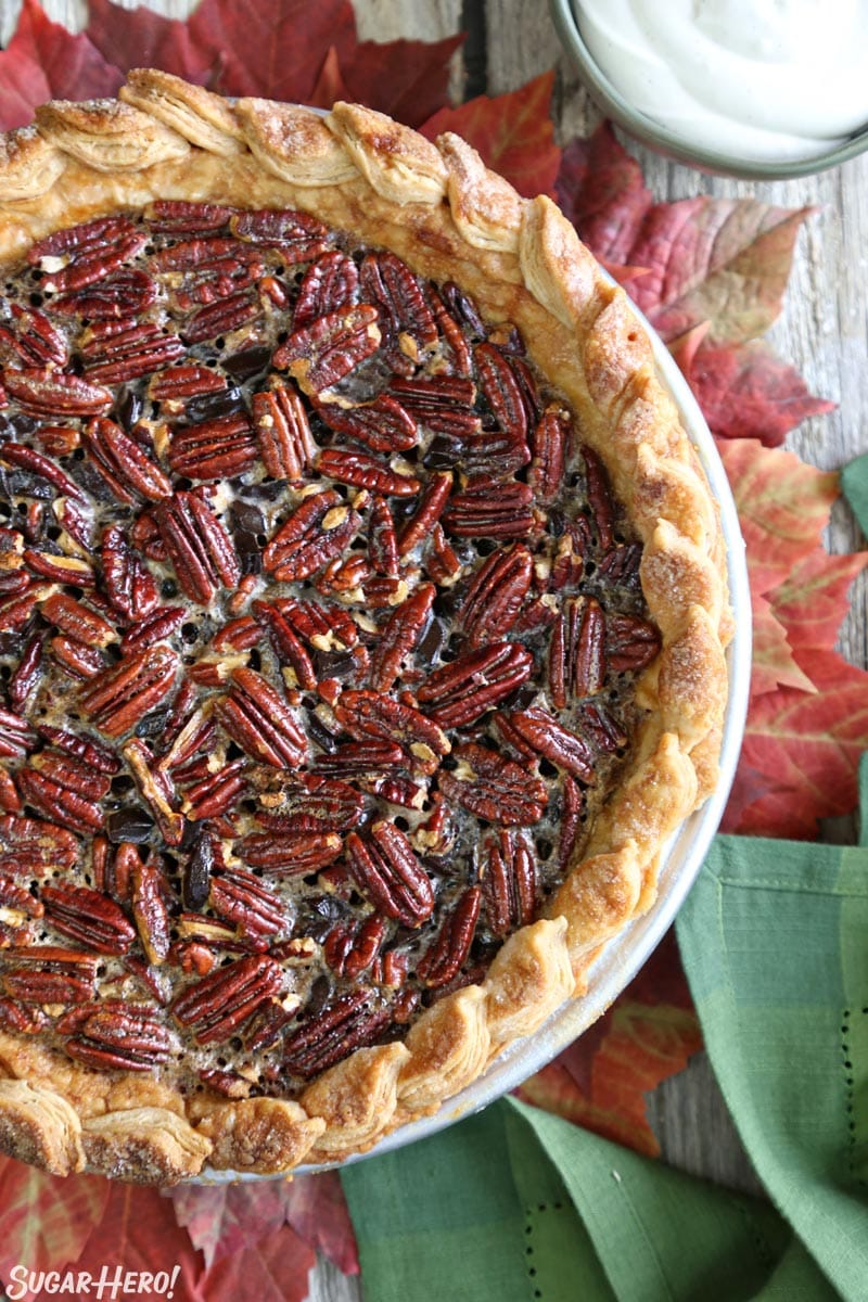 Deep Dish Pecan Pie - overhead close-up of the pecan pie | From SugarHero.com