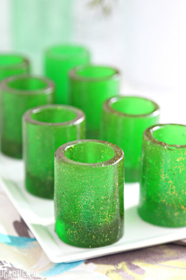 DIY Candy Shot Glasses on a white rectangular platter.
