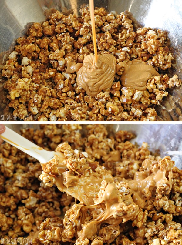 Double Caramel Popcorn Brownies | From SugarHero.com