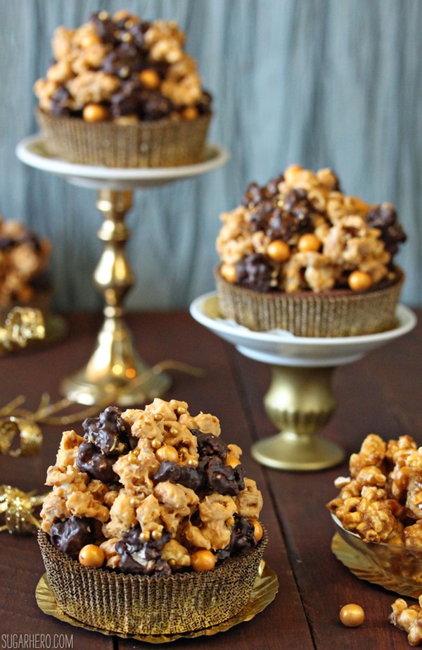 Double Caramel Popcorn Brownies | From SugarHero.com