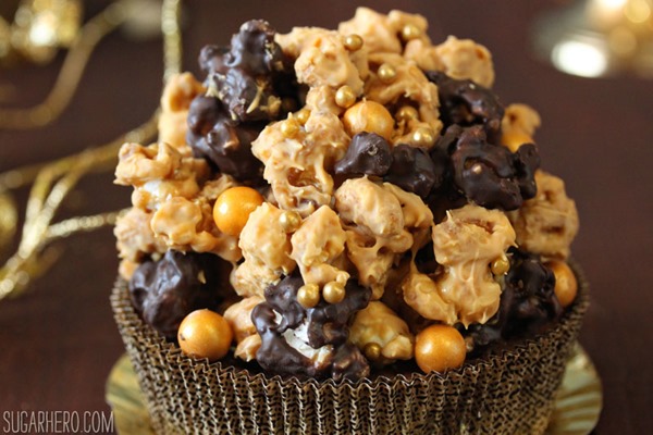 Double Caramel Popcorn Brownies | From SugarHero.com