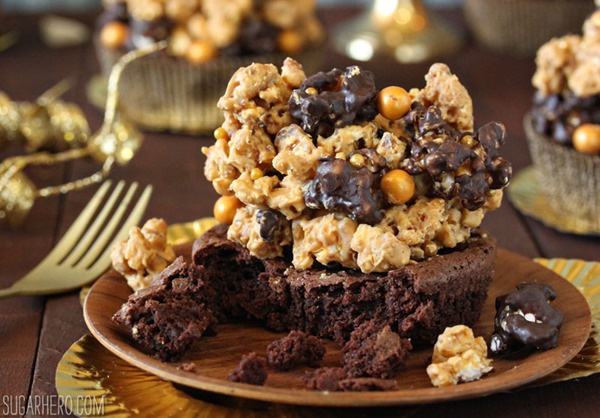 Double Caramel Popcorn Brownies | From SugarHero.com