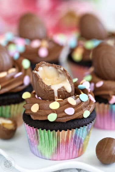 A Chocolate Crème Egg Cupcake with a gooey cream egg on top.