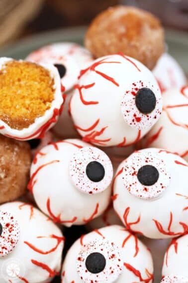 Close-up of stacked Donut Hole Eyeballs.