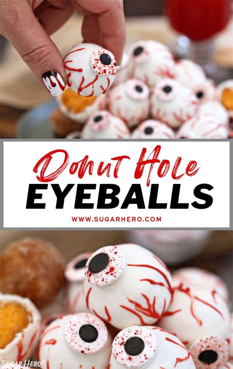 Two-photo collage of Donut Hole Eyeballs with text overlay for Pinterest.