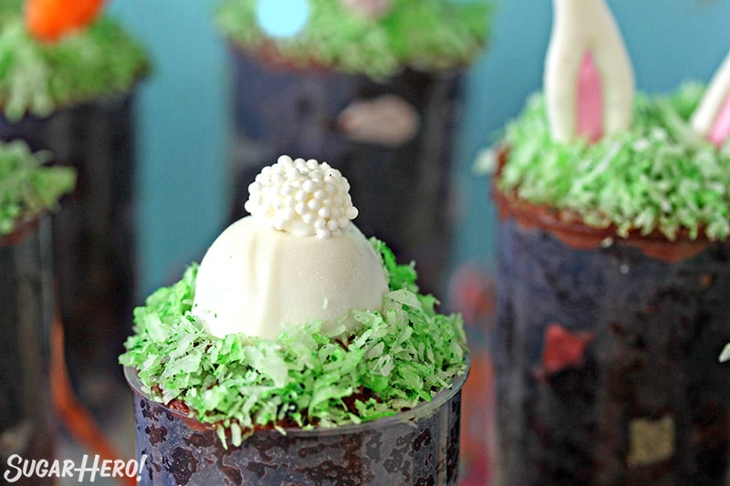 Close up of Easter push-up pop topped with a bunny butt made from candy melt.