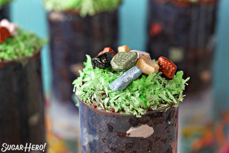 Close up of Easter Push-Up Pop topped with chocolate rocks.