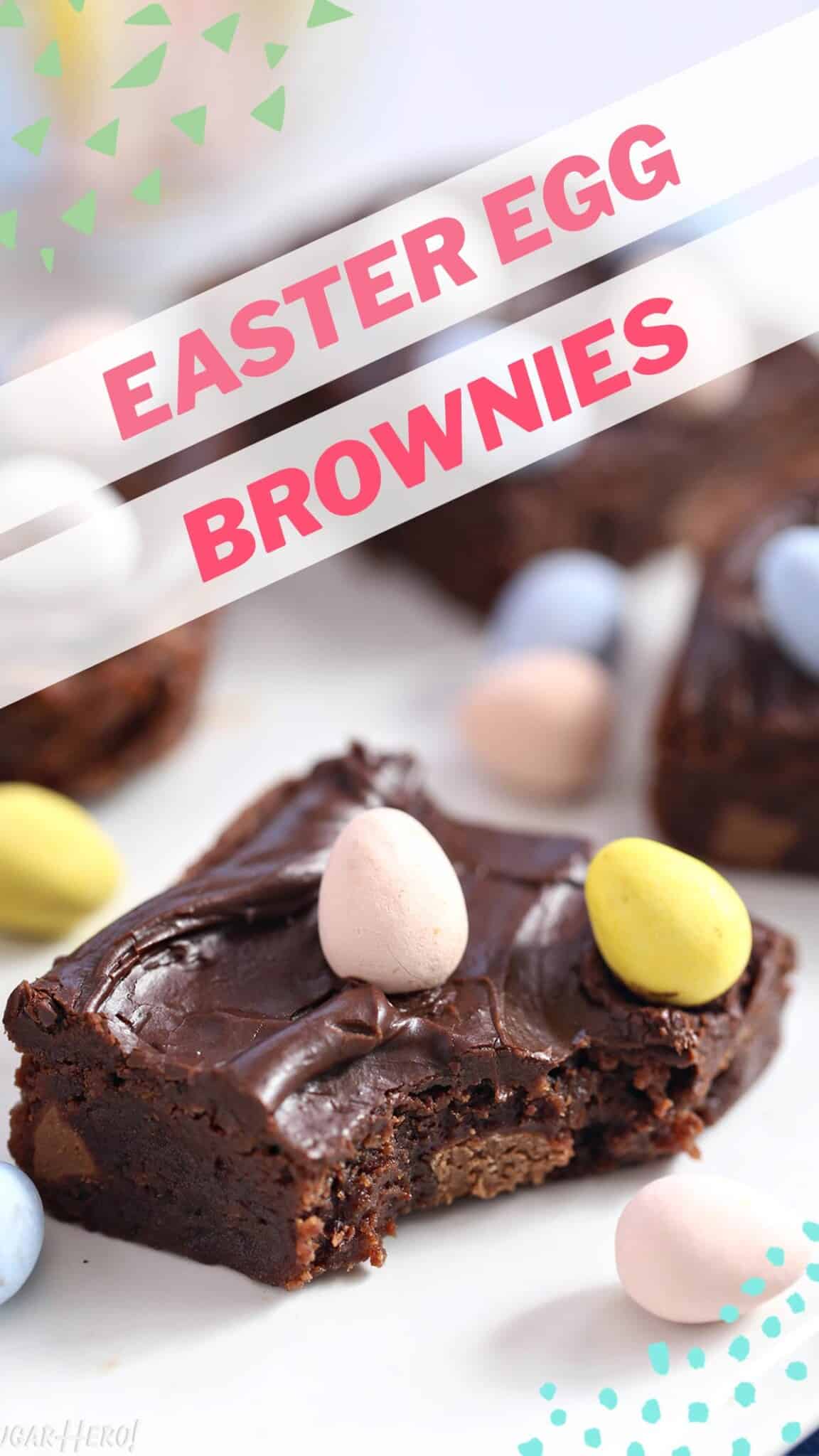 Photo of Easter Egg Brownies with text overlay for Pinterest.