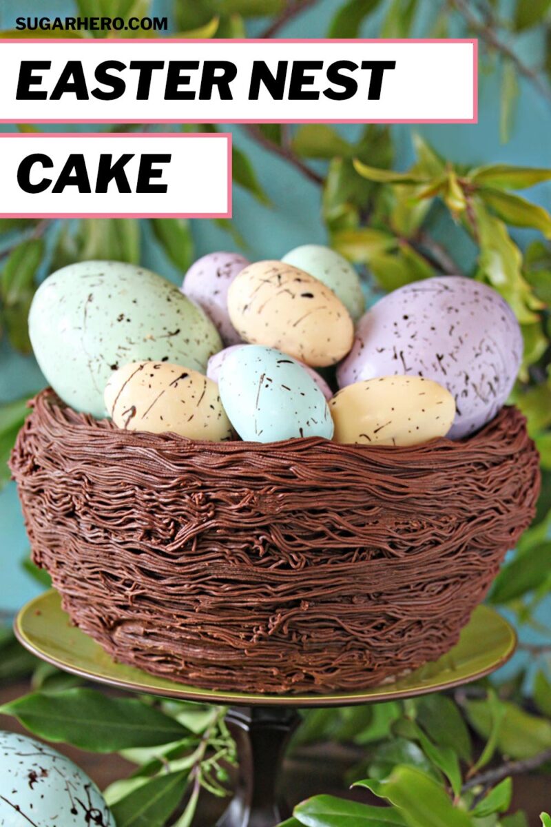 Photo of an Easter Nest Cake with text overlay for Pinterest.