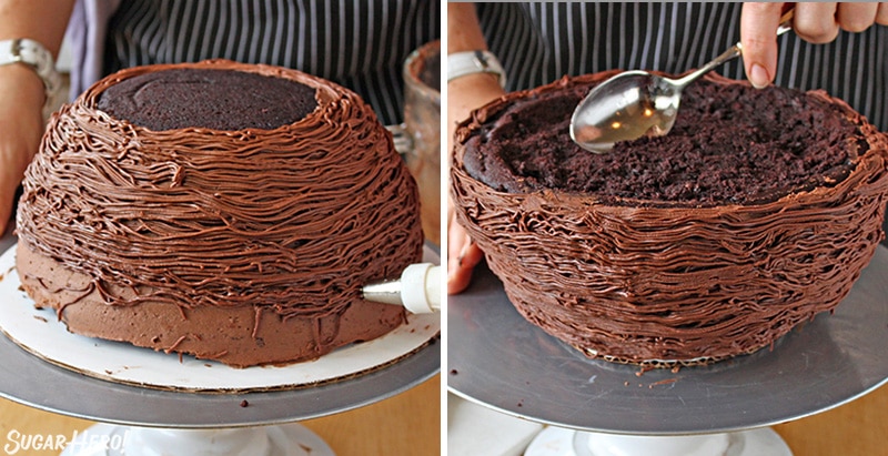 Two photo collage showing how to pipe decorations on an Easter Nest Cake.