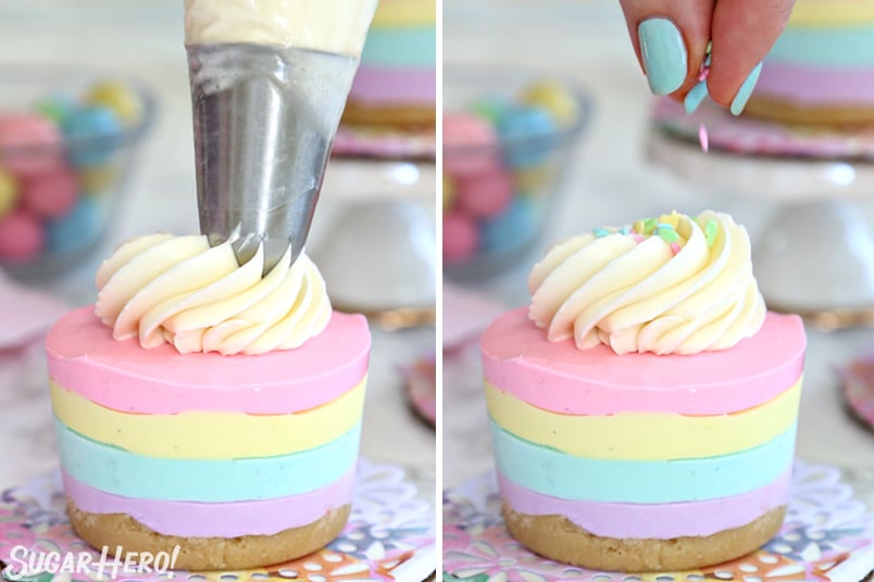 Process collage showing topping mini cheesecakes with frosting and sprinkles.