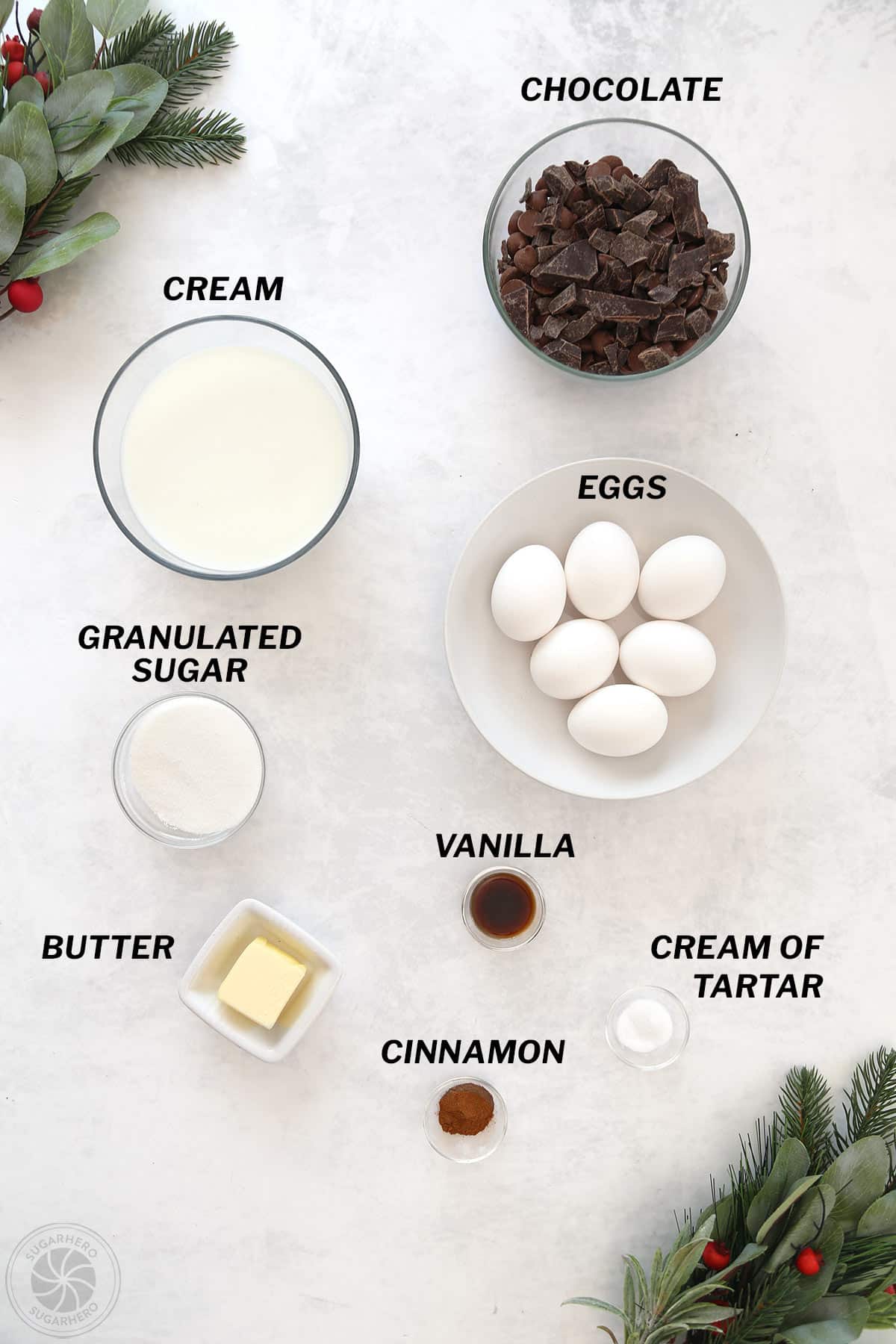 Labeled ingredients needed to make a Flourless Chocolate Buche de Noel.