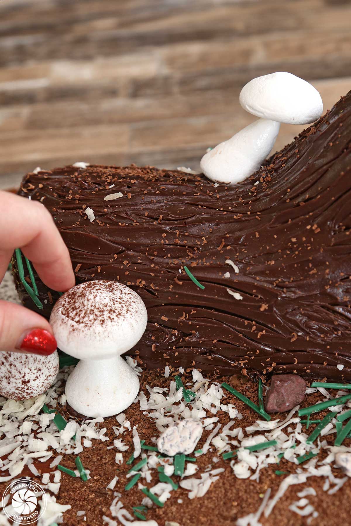 Decorating the outside of the Flourless Chocolate Buche de Noel with meringue mushrooms and other items to look like nature.