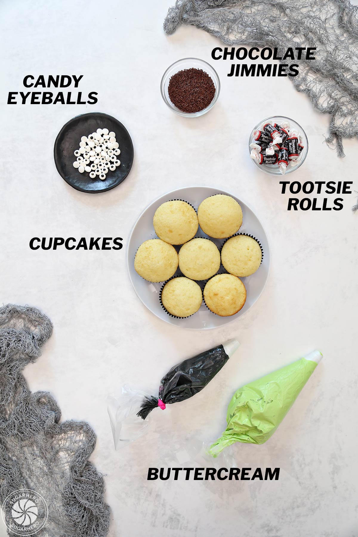 Ingredients needed for Frankenstein Cupcakes with labels.