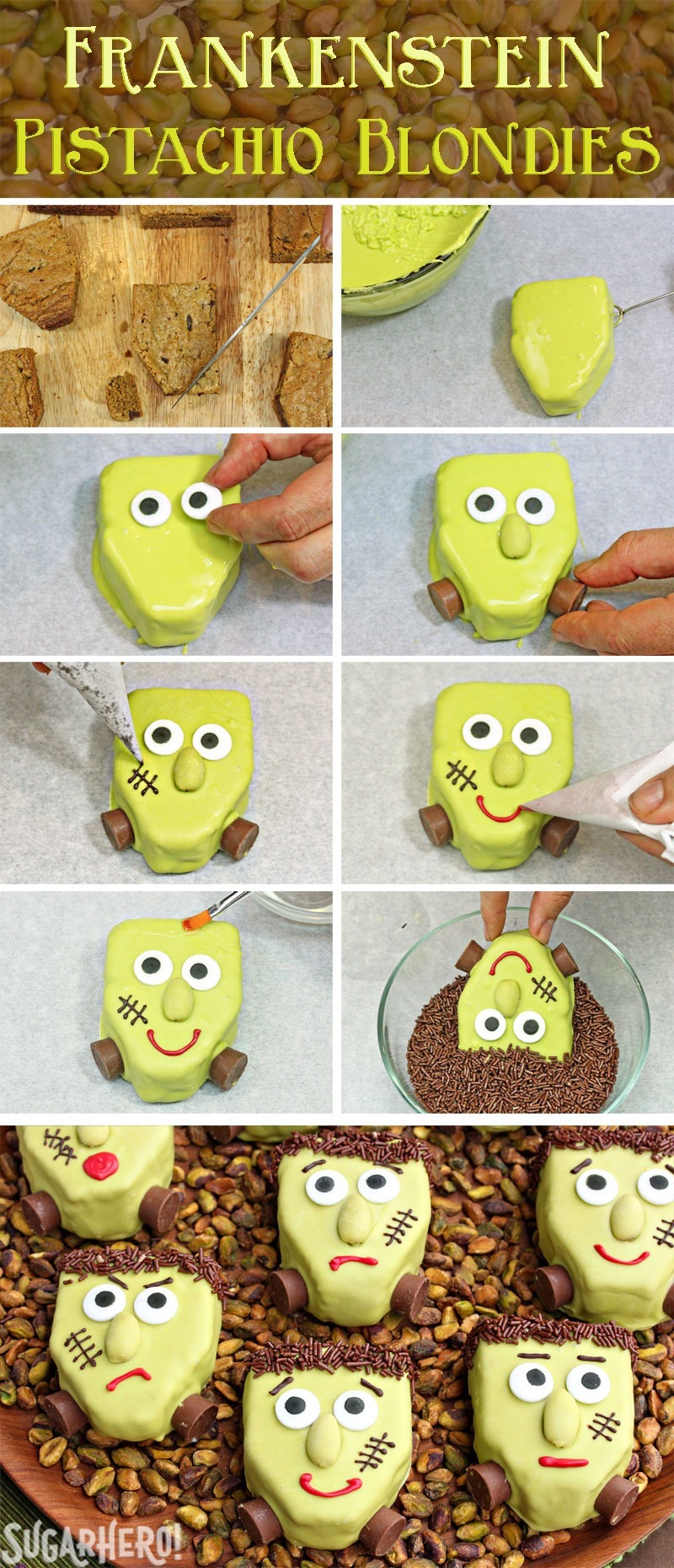 How to Make Frankenstein Pistachio Blondies | From SugarHero.com