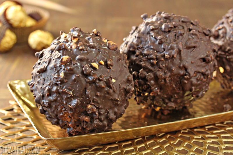 Giant Ferrero Rocher Hazelnut Mousse Cakes - full of chocolate cake and hazelnut mousse! | From SugarHero.com