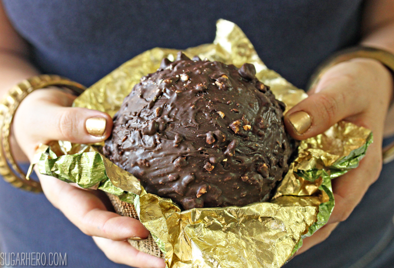 Giant Ferrero Rocher Hazelnut Mousse Cakes - full of chocolate cake and hazelnut mousse! | From SugarHero.com