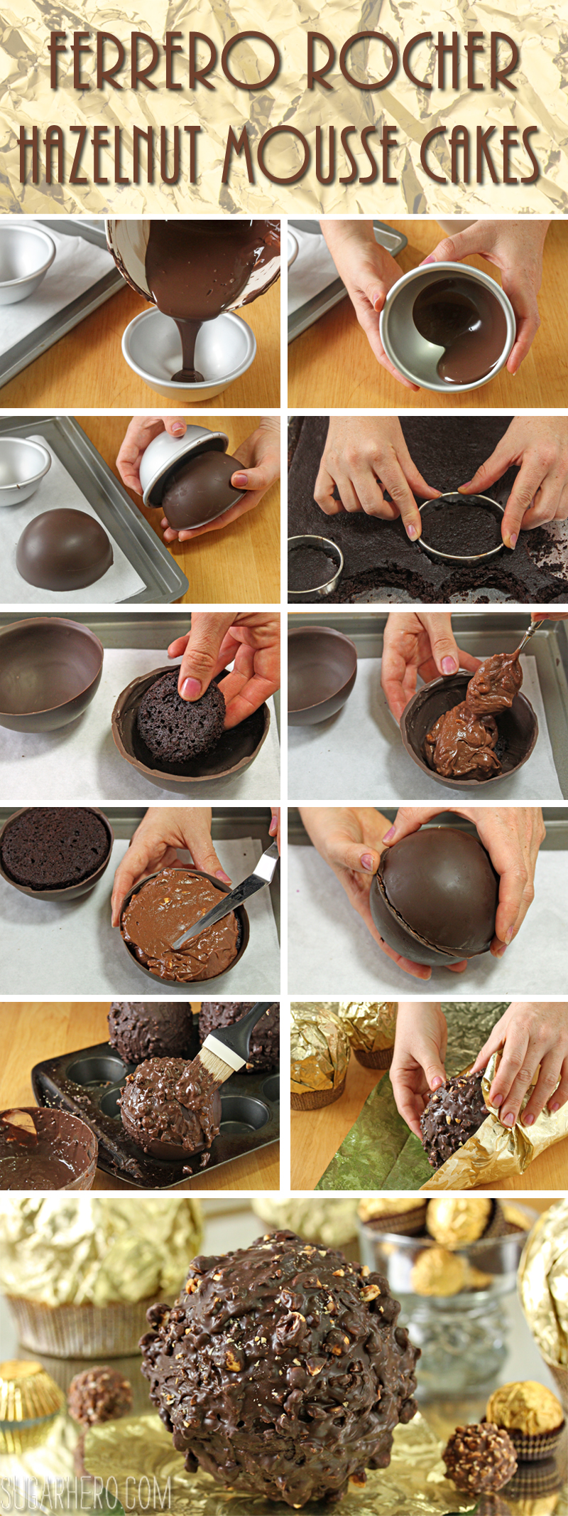 Giant Ferrero Rocher Hazelnut Mousse Cakes - full of chocolate cake and hazelnut mousse! | From SugarHero.com