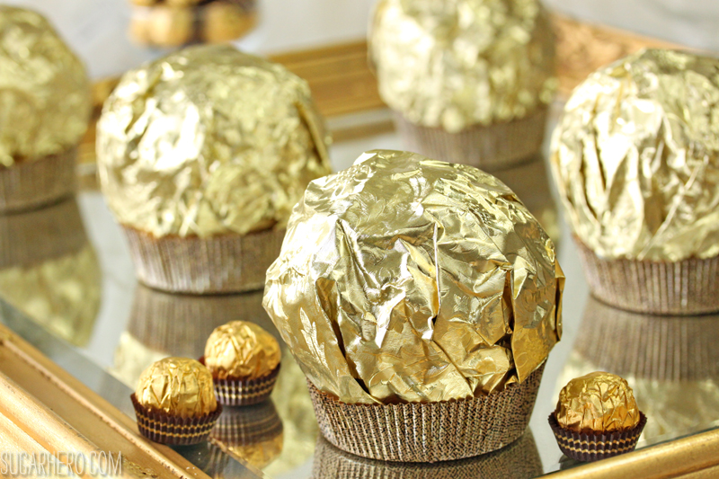 Giant Ferrero Rocher Hazelnut Mousse Cakes - full of chocolate cake and hazelnut mousse! | From SugarHero.com
