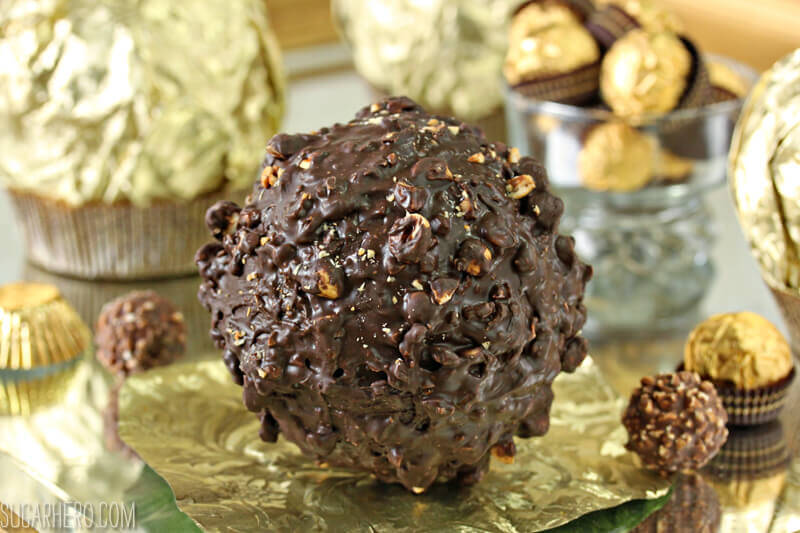 Giant Ferrero Rocher Hazelnut Mousse Cakes - full of chocolate cake and hazelnut mousse! | From SugarHero.com