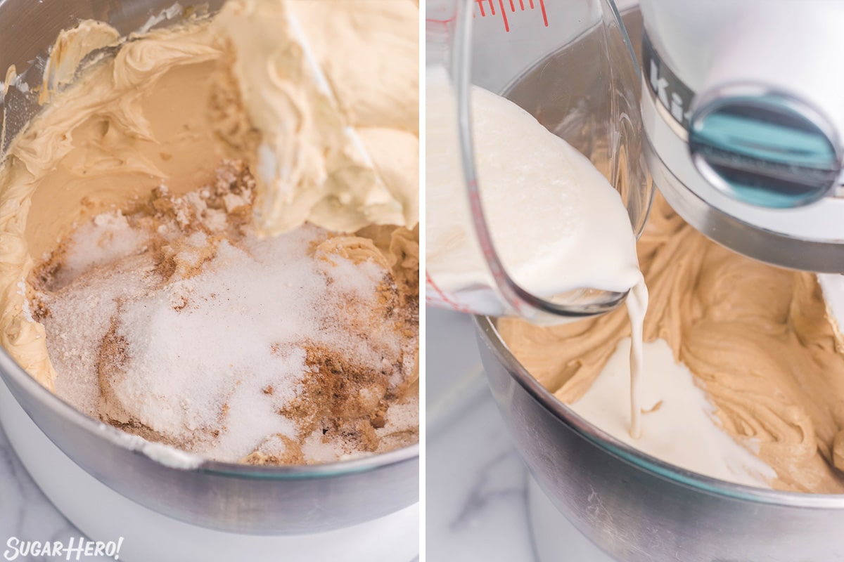 2 photo process picture of adding in sugar, spices and cream into the Gingerbread Cheesecake batter.