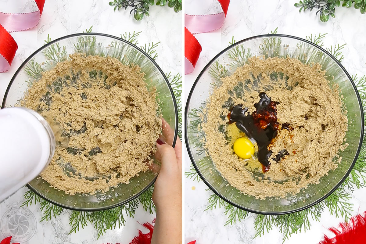 Two photo collage showing how to blend egg and molasses into cookie dough.