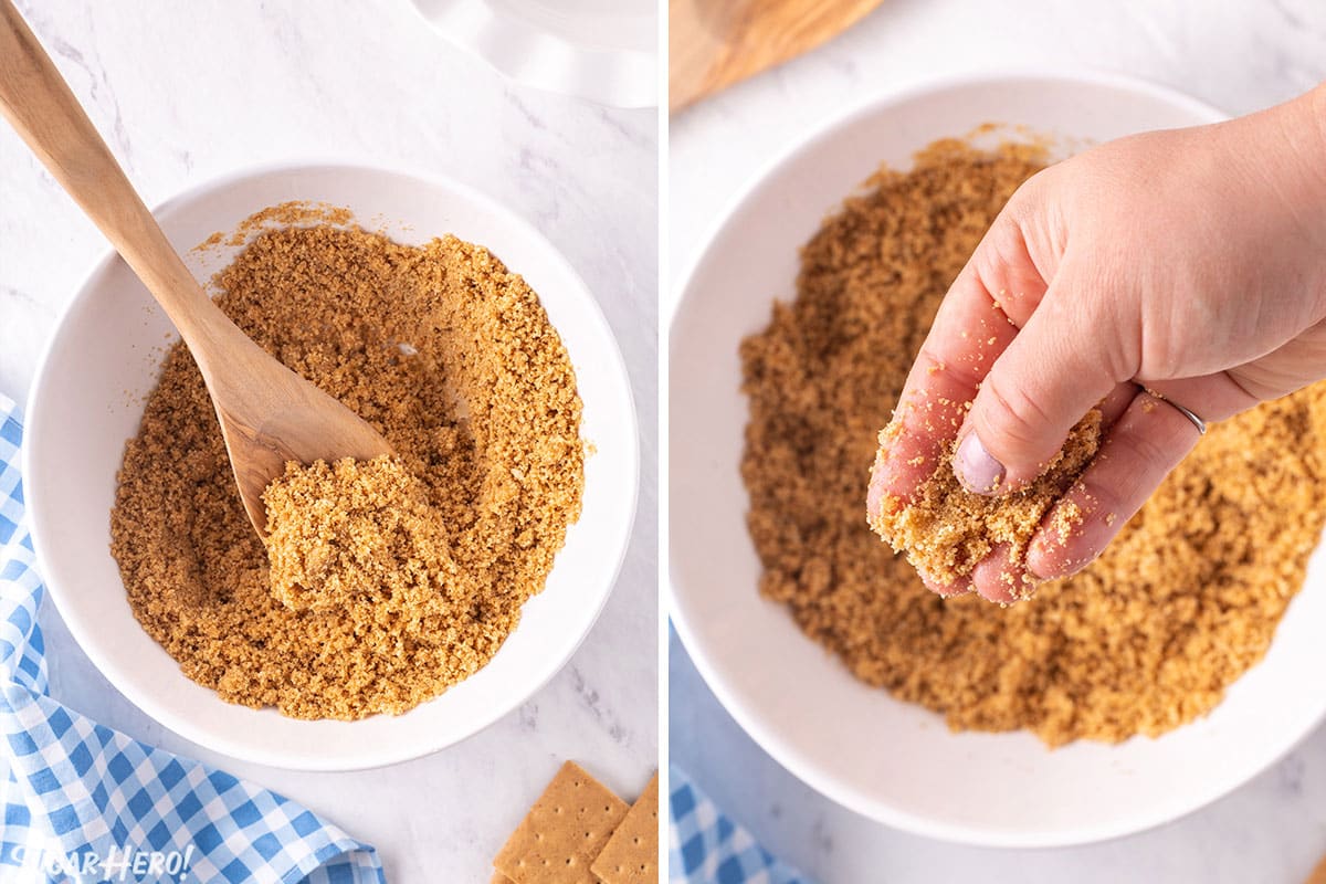 Photo collage of graham cracker mixture in a white bowl with a wooden spoon.