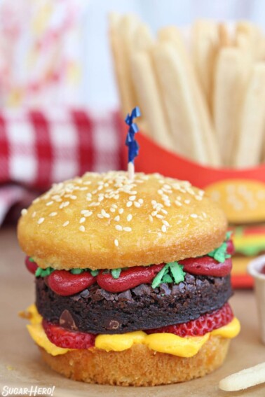Hamburger cupcakes with sugar cookie french fries in background