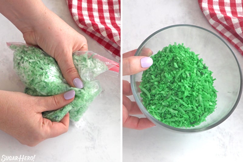 Two photo collage showing how to color coconut green for Hamburger Cupcakes.