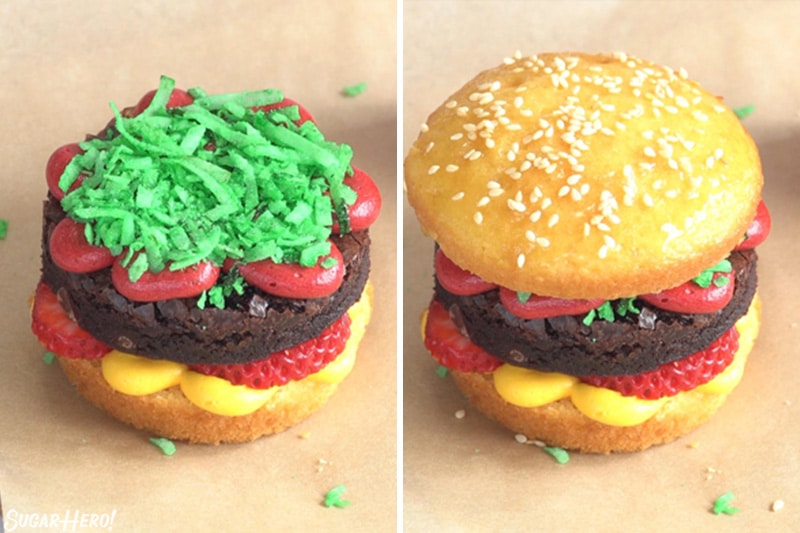 Two photo collage showing how to green coconut and a top bun when assembling Hamburger Cupcakes.