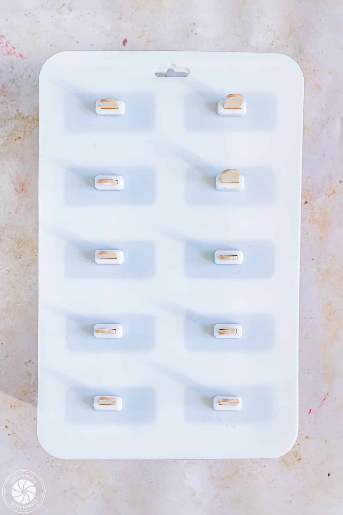 Top view of a popsicle mold with sticks inserted.