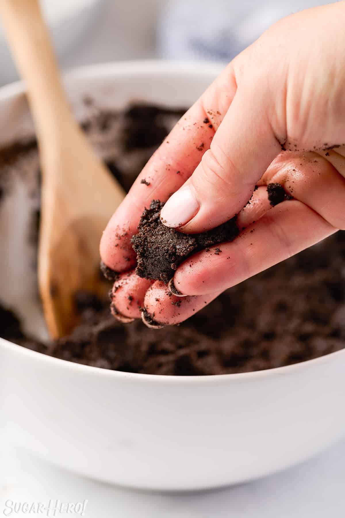A hand holding Oreo Crust mixture.