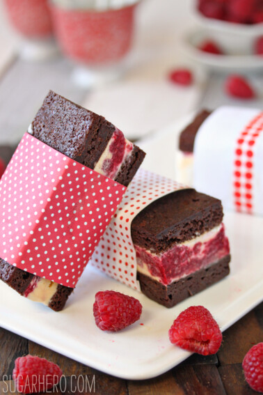 Twp Brownie Raspberry Swirl Ice Cream Sandwiches wrapped in cute paper.