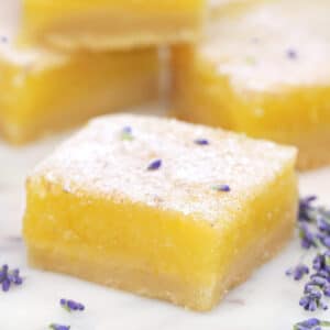 Seven lavender lemon bars on a round white plate with a lavender flower next to them.