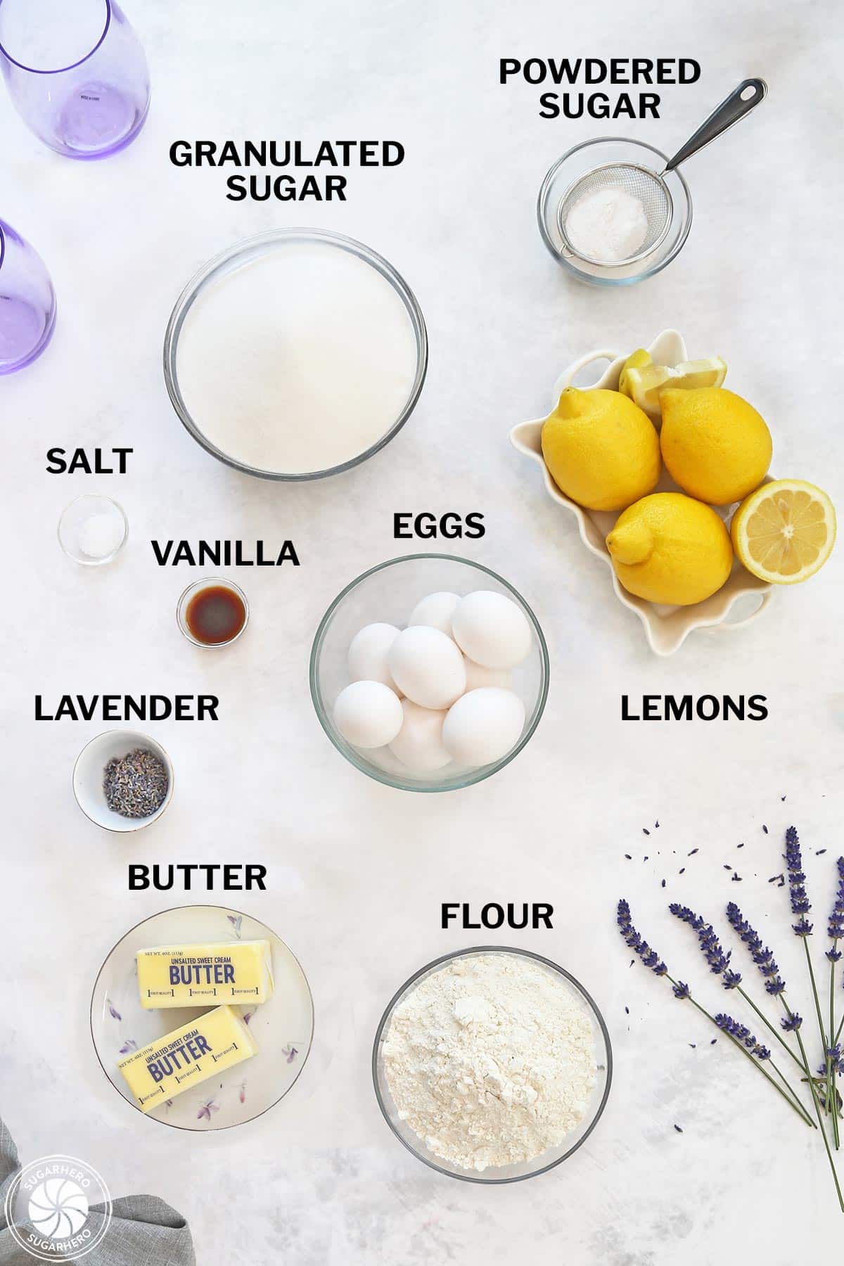Ingredients needed to make Lavender Lemon Bars with text titles.