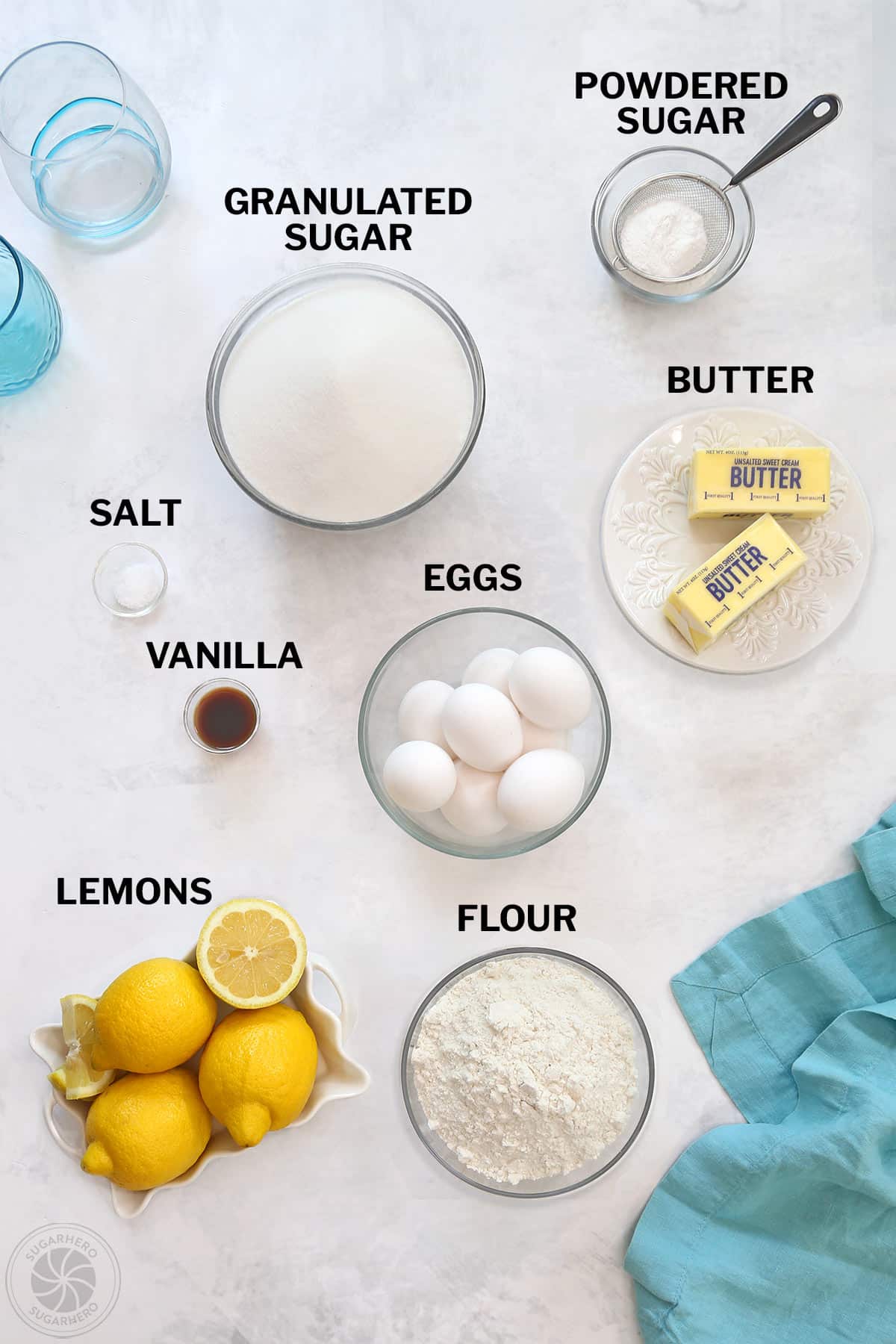 Ingredients for lemon bars labeled with text.