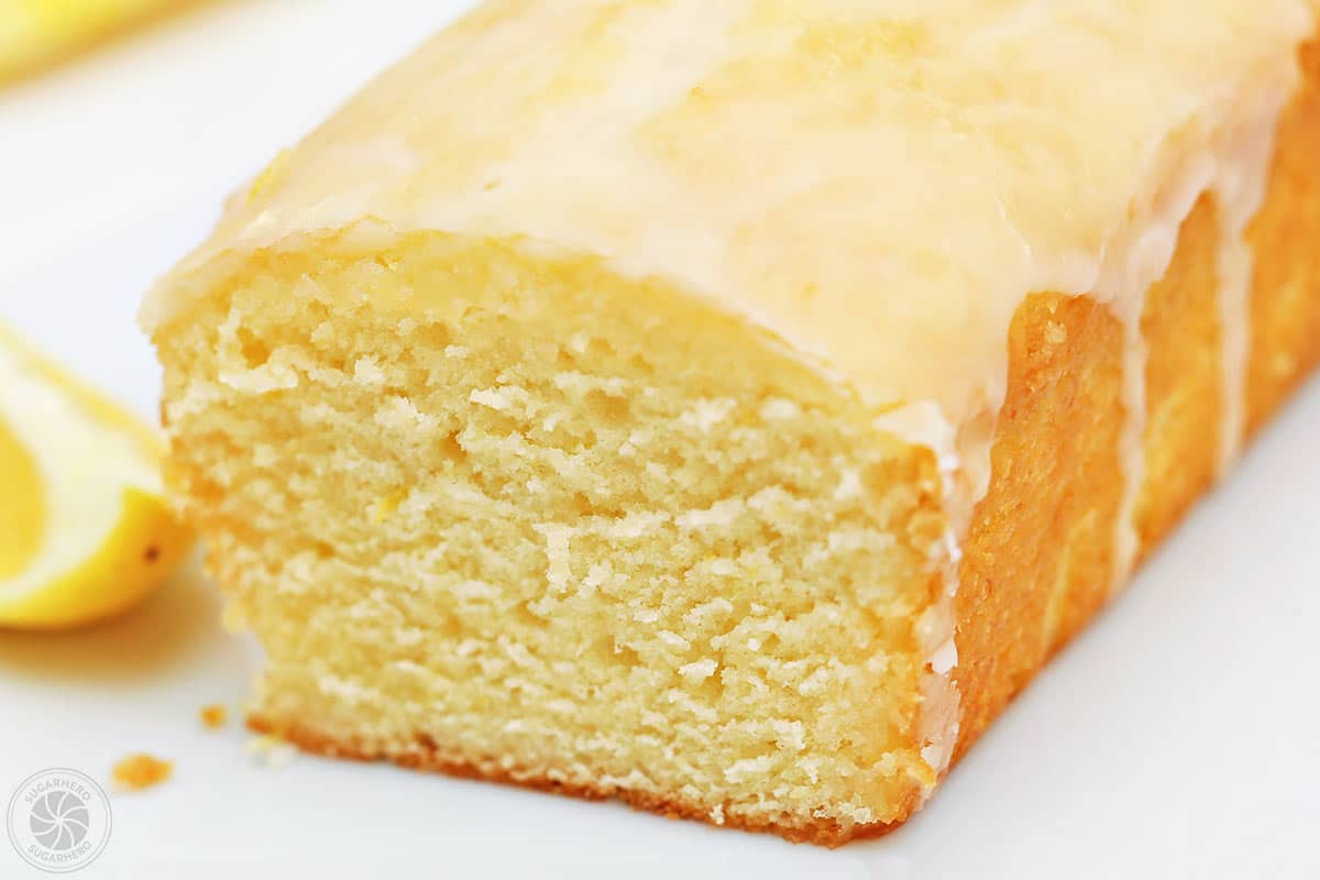 Close-up of the texture of a loaf of lemon bread cut open.