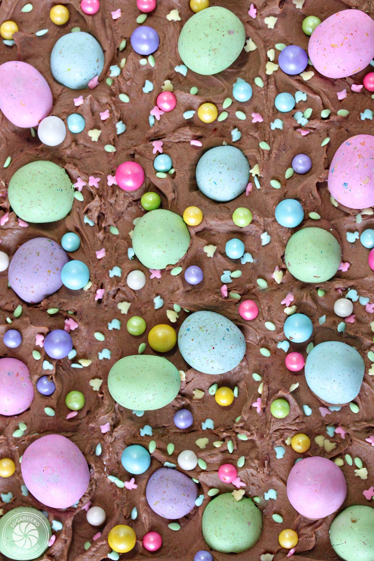 Top view of frosted and decorated Easter brownies.