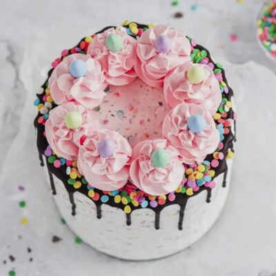 Layer cake with chocolate drip, confetti sprinkles, and pink buttercream swirls on top.