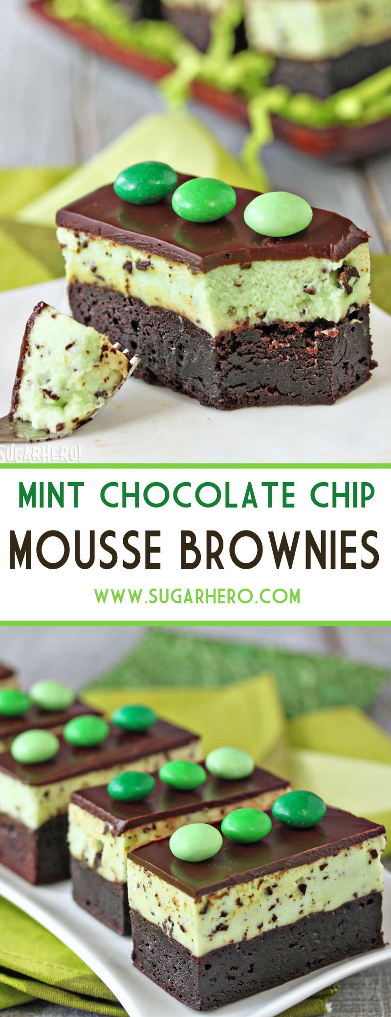 Mint Chocolate Chip Mousse Brownies - fudgy brownies topped with light and fluffy mint chip mousse! | From SugarHero.com