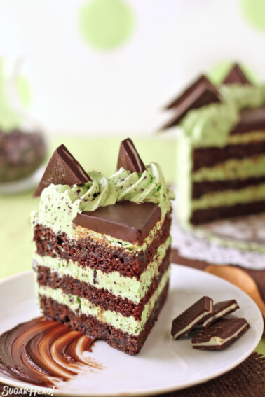 Slice of mint chocolate chip cake on a white plate with a smear of chocolate underneath