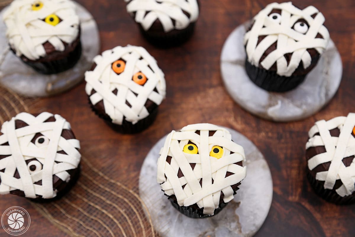 Top view of several Mummy Cupcakes.