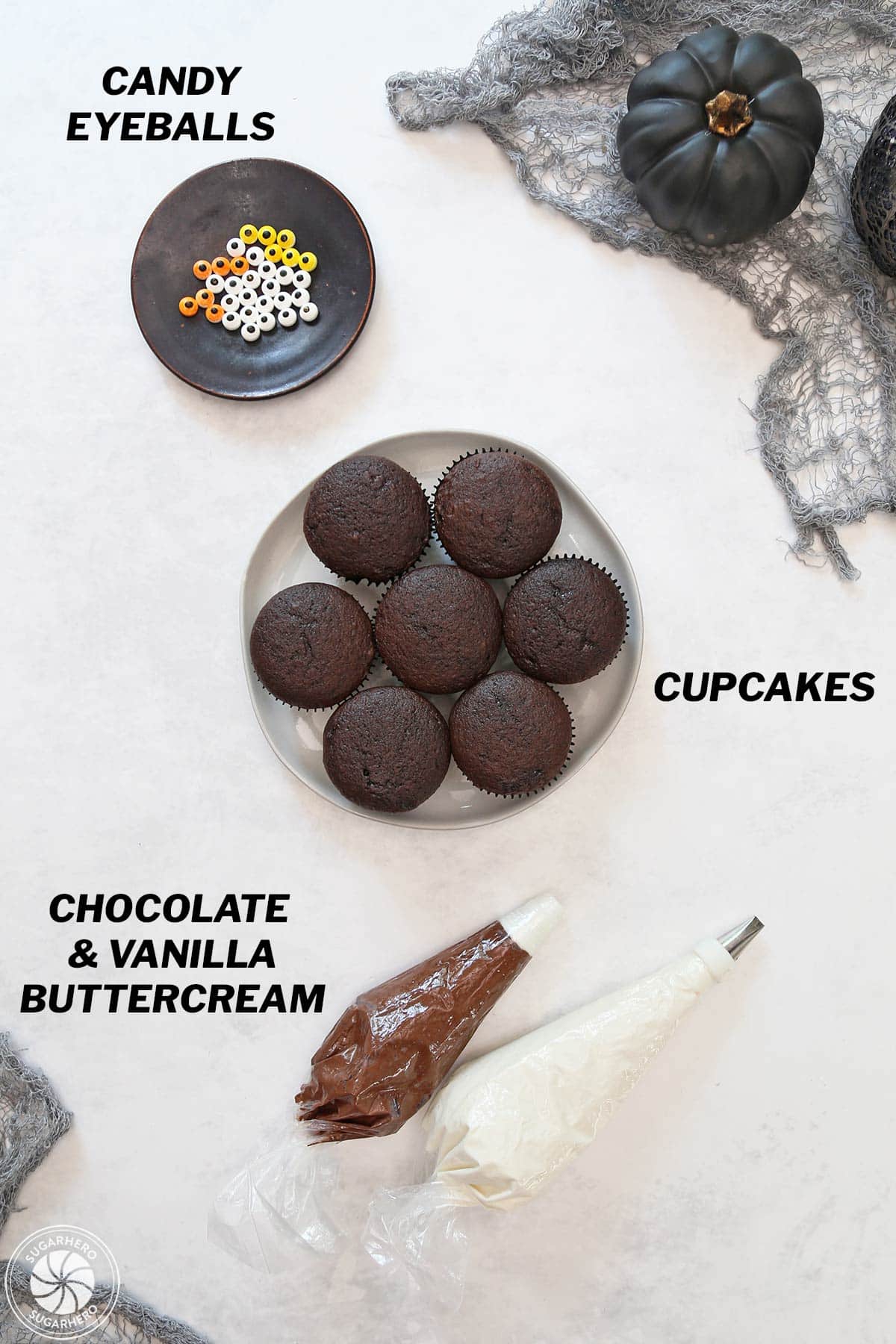 Ingredients for Mummy Cupcakes with text labels.