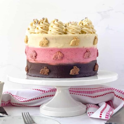 Side view of a Neapolitan Cake with Bunnies for Easter Cake round up.