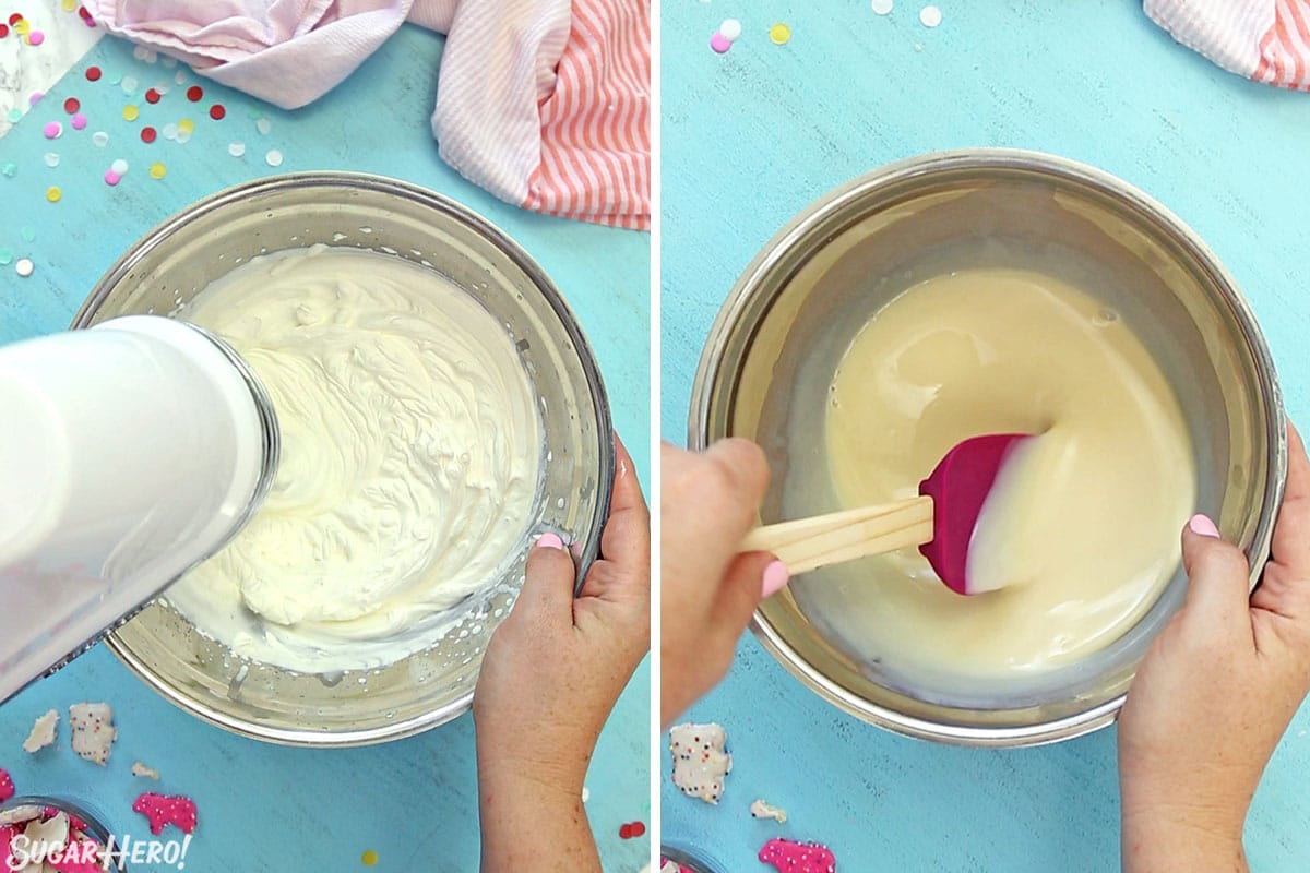 2 photo process picture of cream being whipped and then having sweetened condensed milk stirred in for Circus Animal No-Churn Ice Cream.