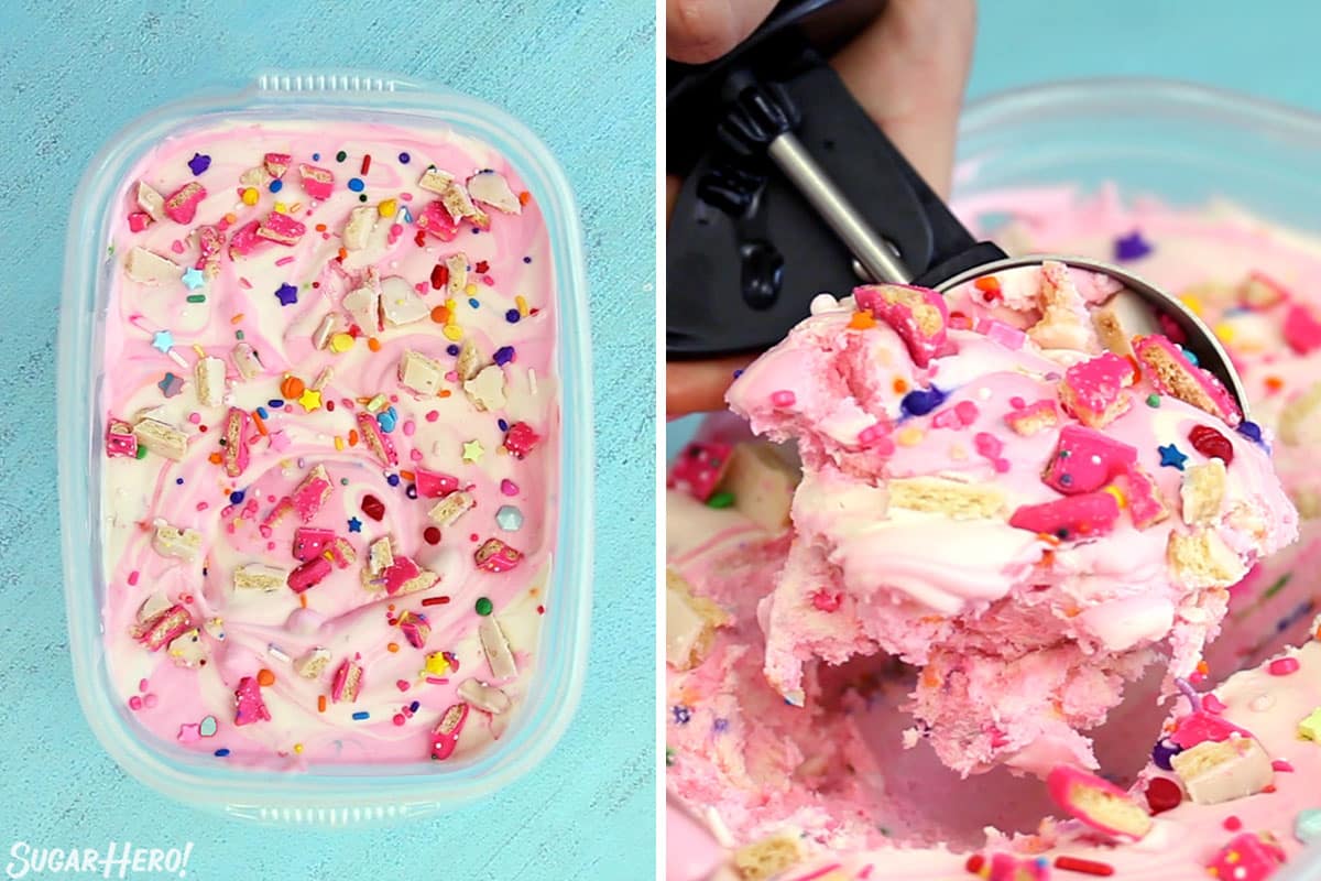 2 photo process picture of frozen Circus Animal No-Churn Ice Cream in a plastic container and a scoop of the ice cream.