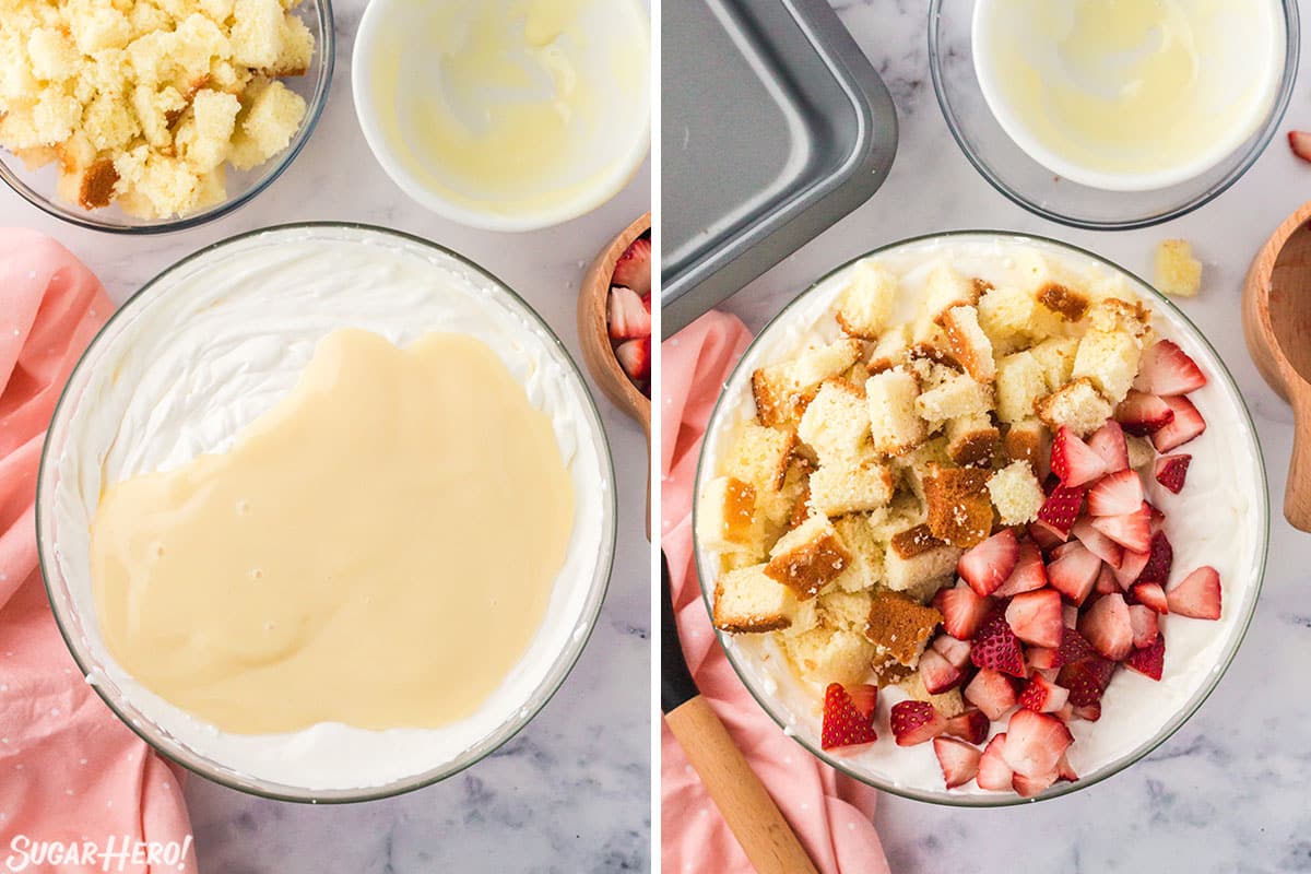 Process collage showing sweetened condensed milk, pound cake and strawberries ready to be mixed into No-Churn Strawberry Shortcake Ice Cream.